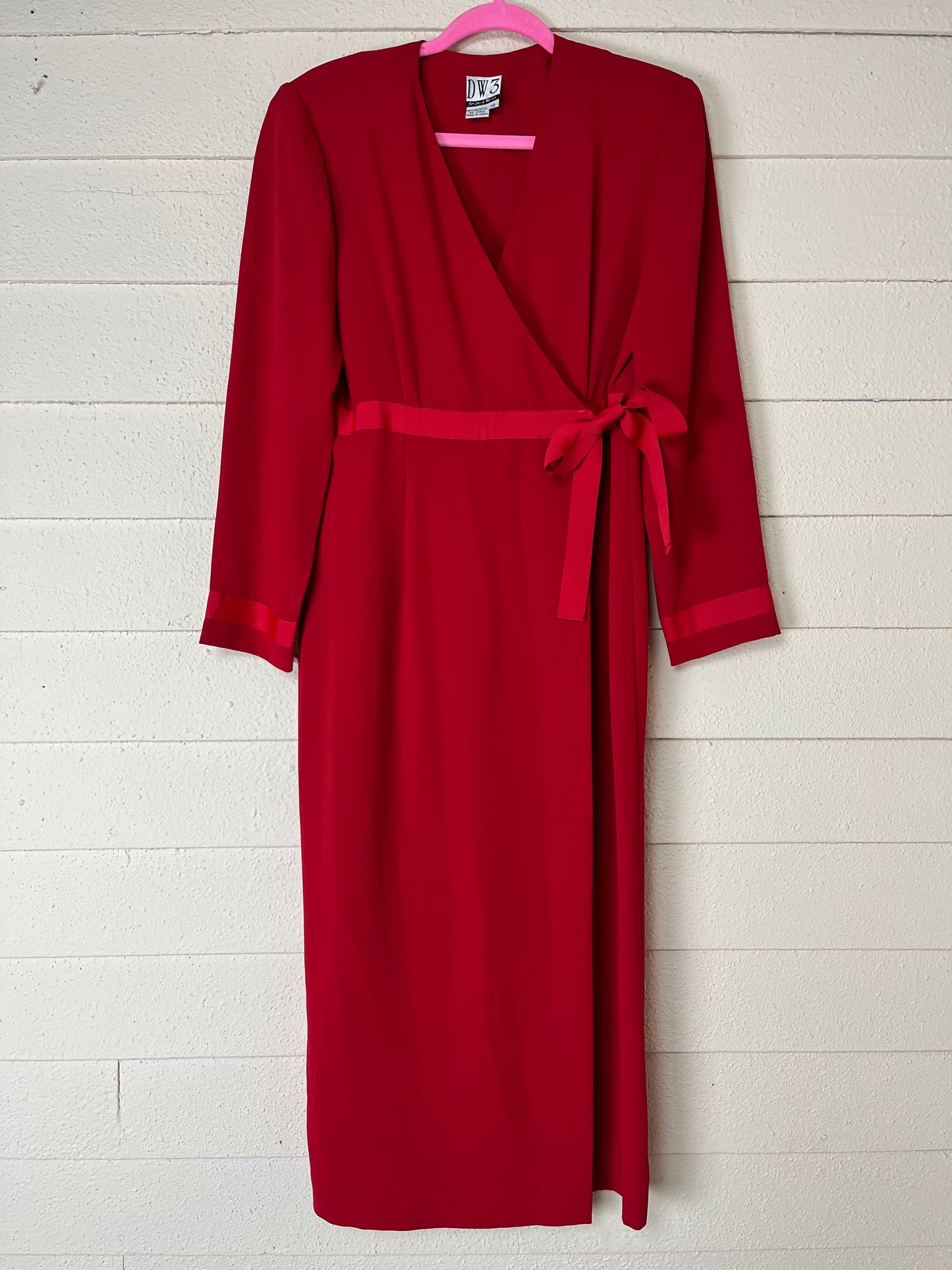 1980s DW3 RED LONG SLEEVE WRAP MAXI DRESS WITH SIDE BOW - med to xl