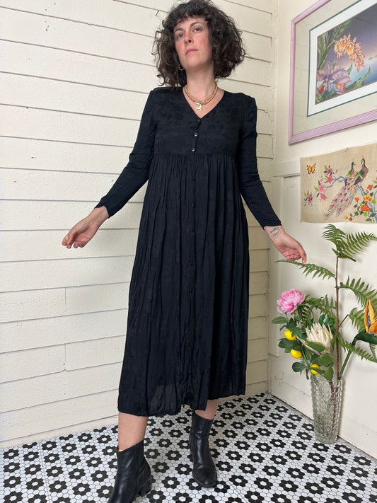 1970s BAANI'S BLACK EMBOSSED FLORAL PRINT LONG SLEEVE BUTTON UP MAXI DRESS