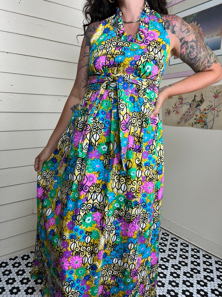 60s PSYCHEDELIC BARKCLOTH HALTER WRAP DRESS (xs-large)