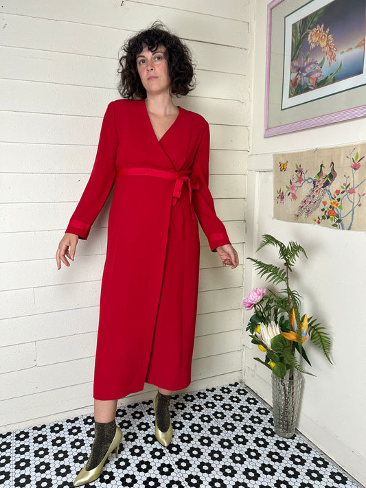 1980s DW3 RED LONG SLEEVE WRAP MAXI DRESS WITH SIDE BOW - med to xl