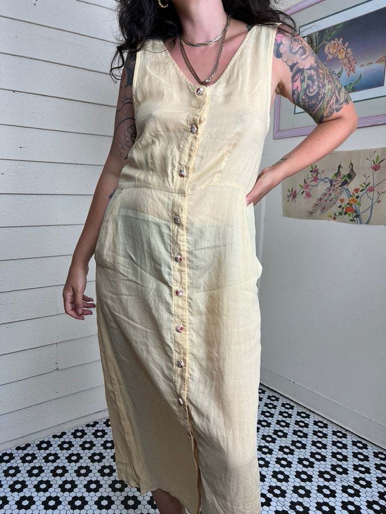 Vintage Yellow Linen Dress, Button up dress, Pockets, XS online S