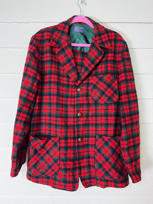 1960s PENDLETON WOOL RED AND GREEN PLAID CHORE COAT - size large to 2x