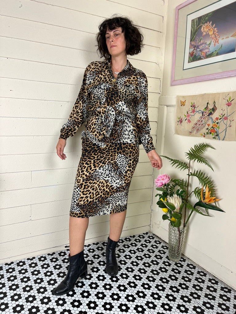 80s NICOLE PATCHWORK MIXED ANIMAL PRINT BUTTON UP AND SKIRT SET