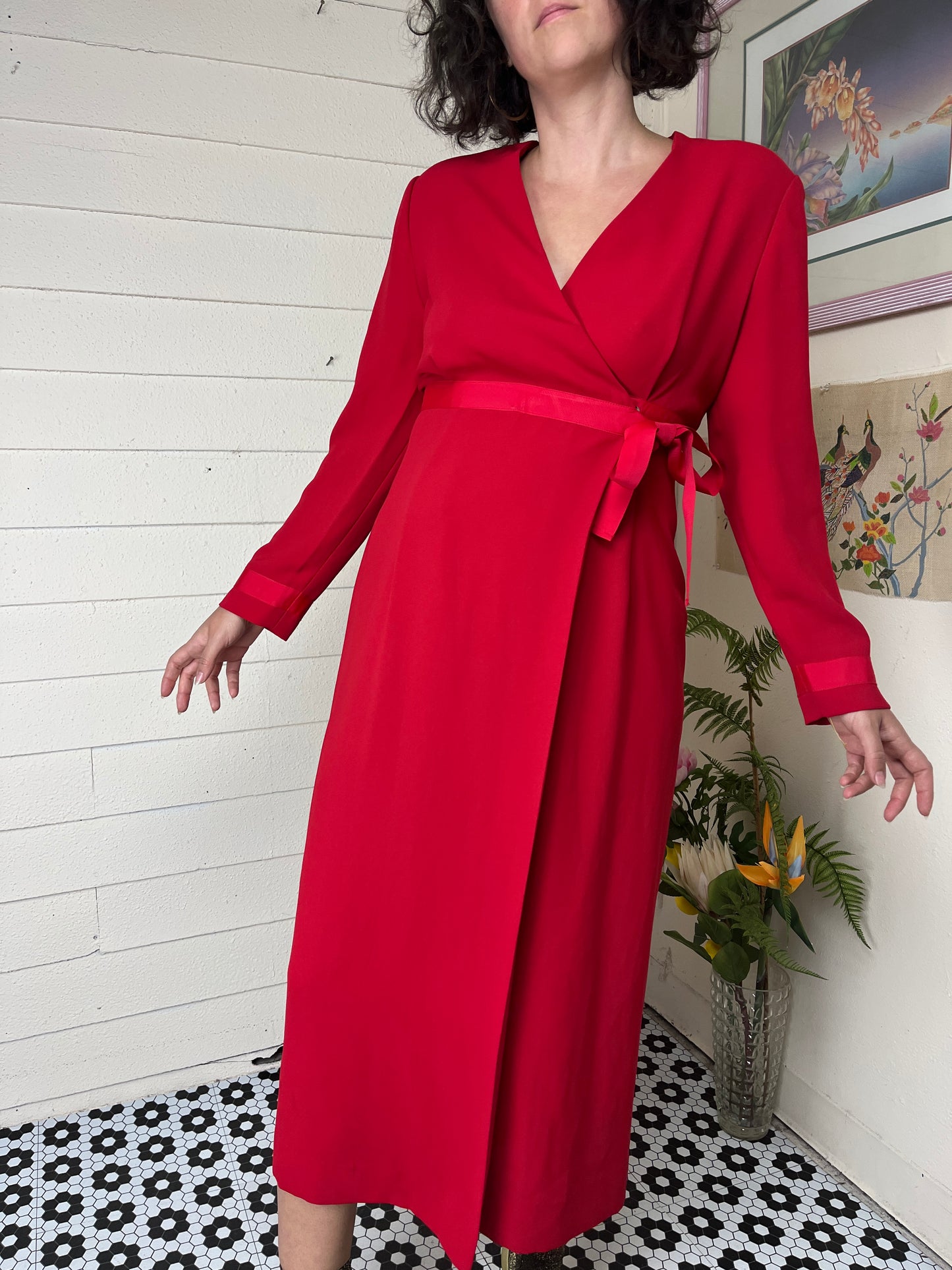 1980s DW3 RED LONG SLEEVE WRAP MAXI DRESS WITH SIDE BOW - med to xl