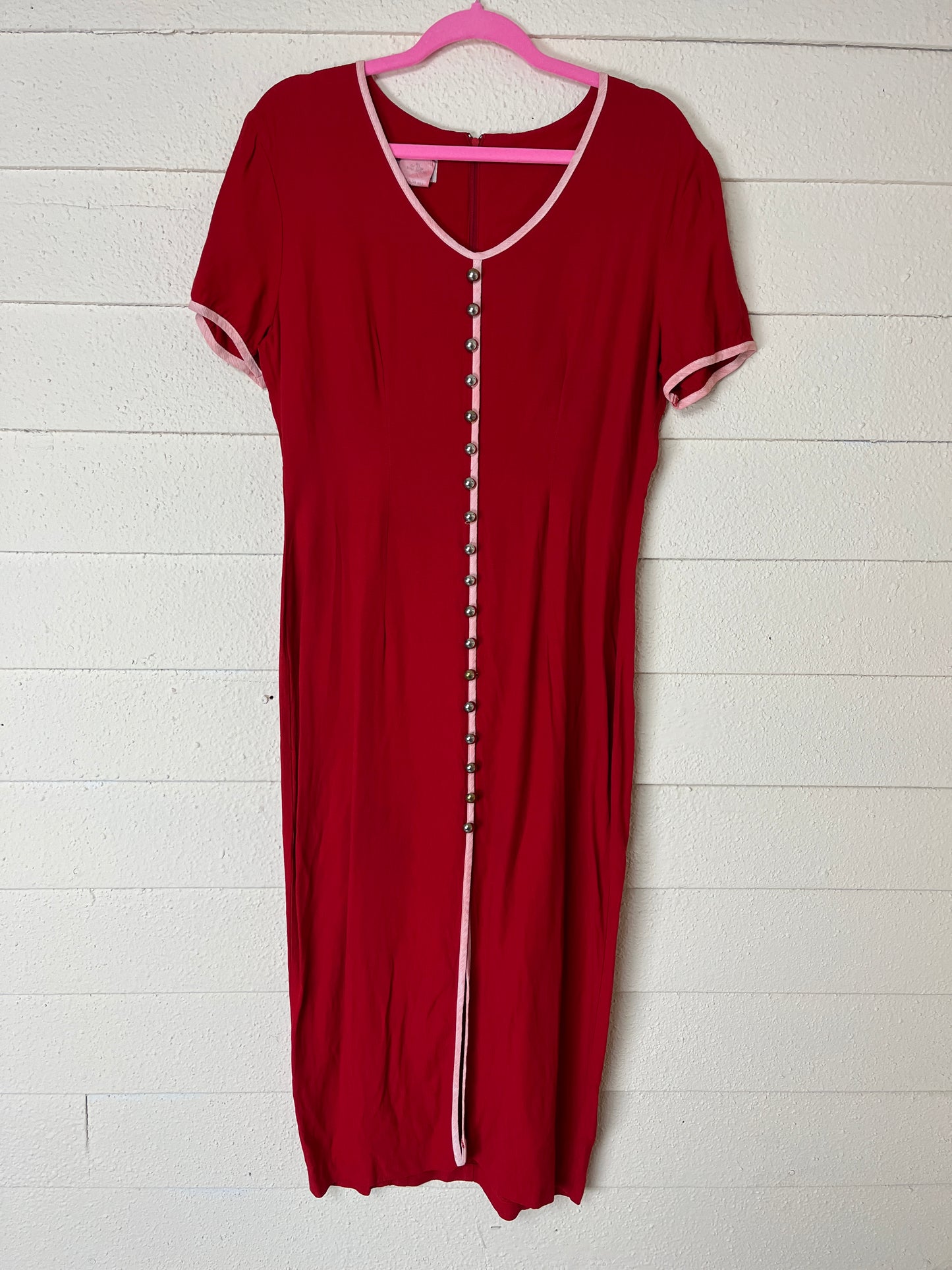 1990s NINA PICCALINO RED FRONT SLIT BUTTON DETAIL ZIP BACK DRESS - medium to large