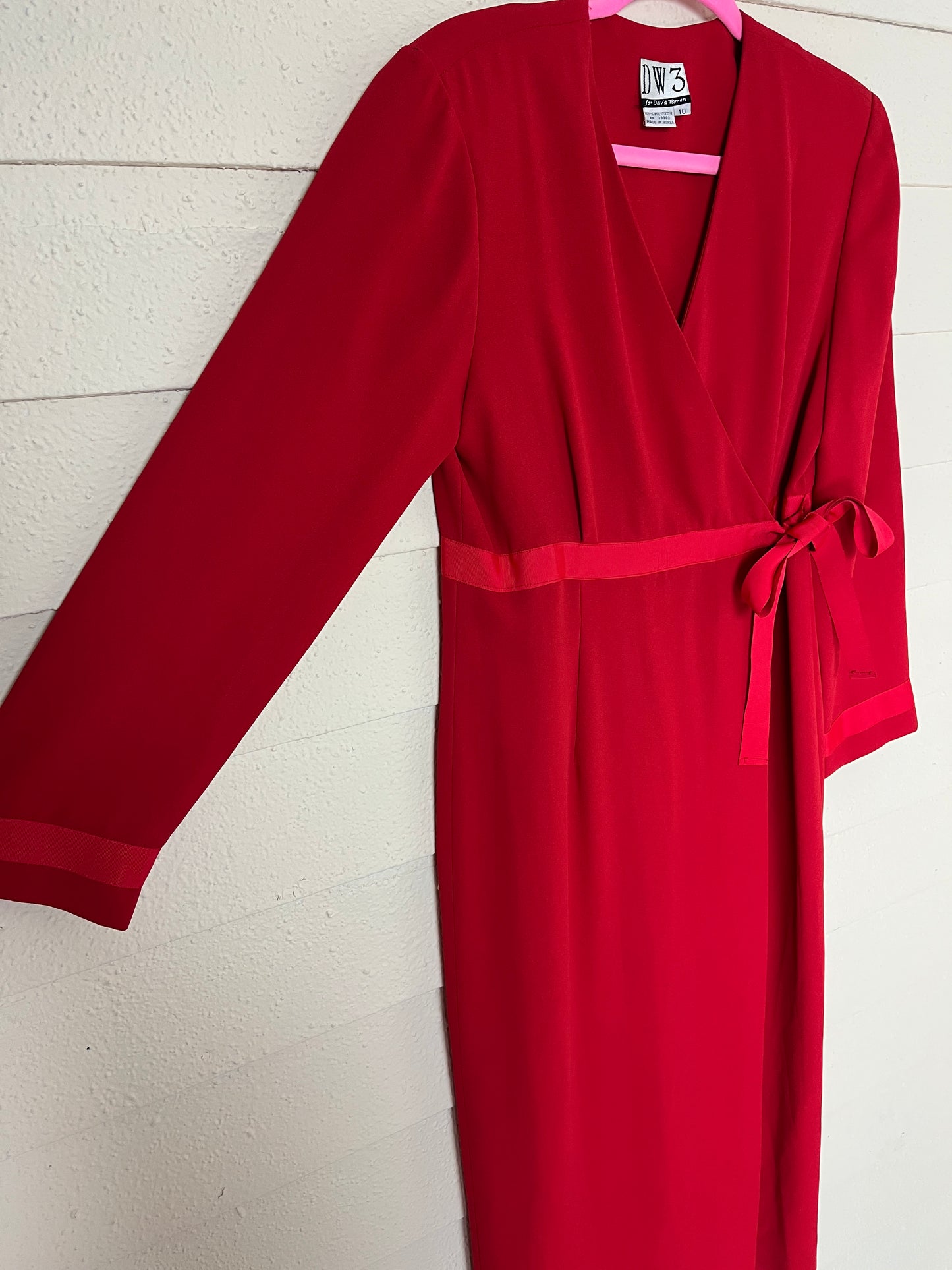 1980s DW3 RED LONG SLEEVE WRAP MAXI DRESS WITH SIDE BOW - med to xl