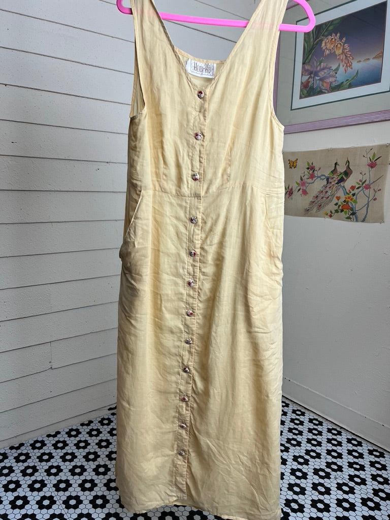 Vintage Yellow Linen Dress, Button up on sale dress, Pockets, XS S