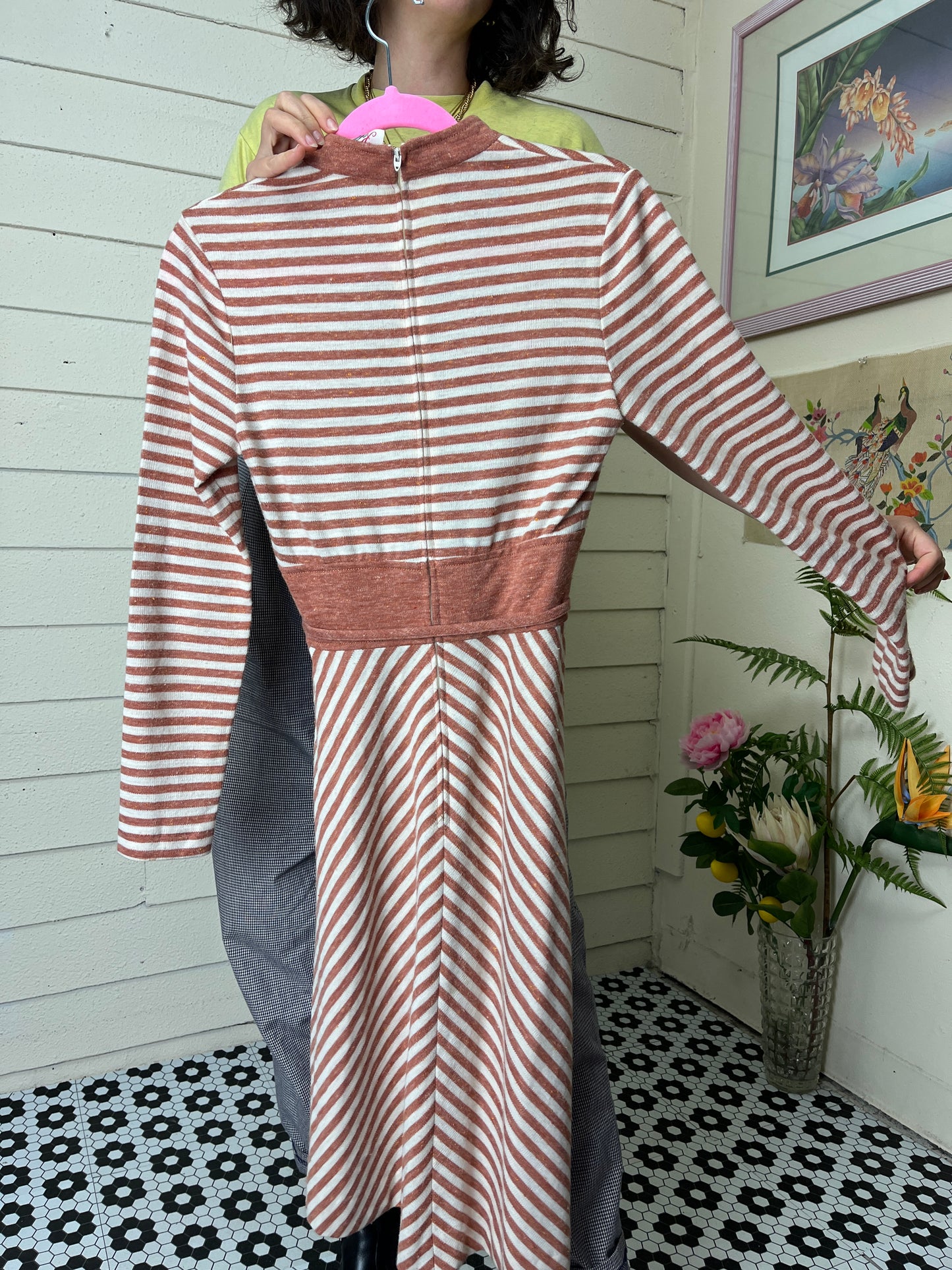 1970s CLAY AND CREAM STRIPED KNIT LONG SLEEVE UNION MADE DRESS