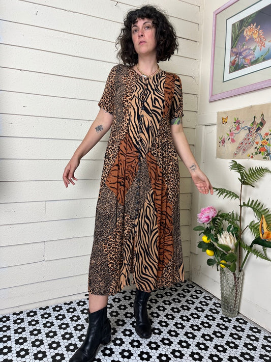 1990s PHOOL PATCHWORK MIXED ANIMAL PRINT BUTTON FRONT DRESS