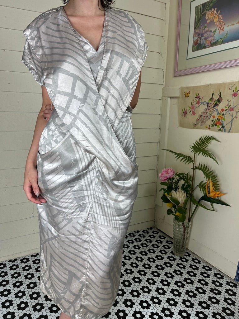 1970s SILKY CROSSOVER SILVER SOFT PEACH DRESS WITH STRIPED PATTERN GEOMETRIC UNION LABEL