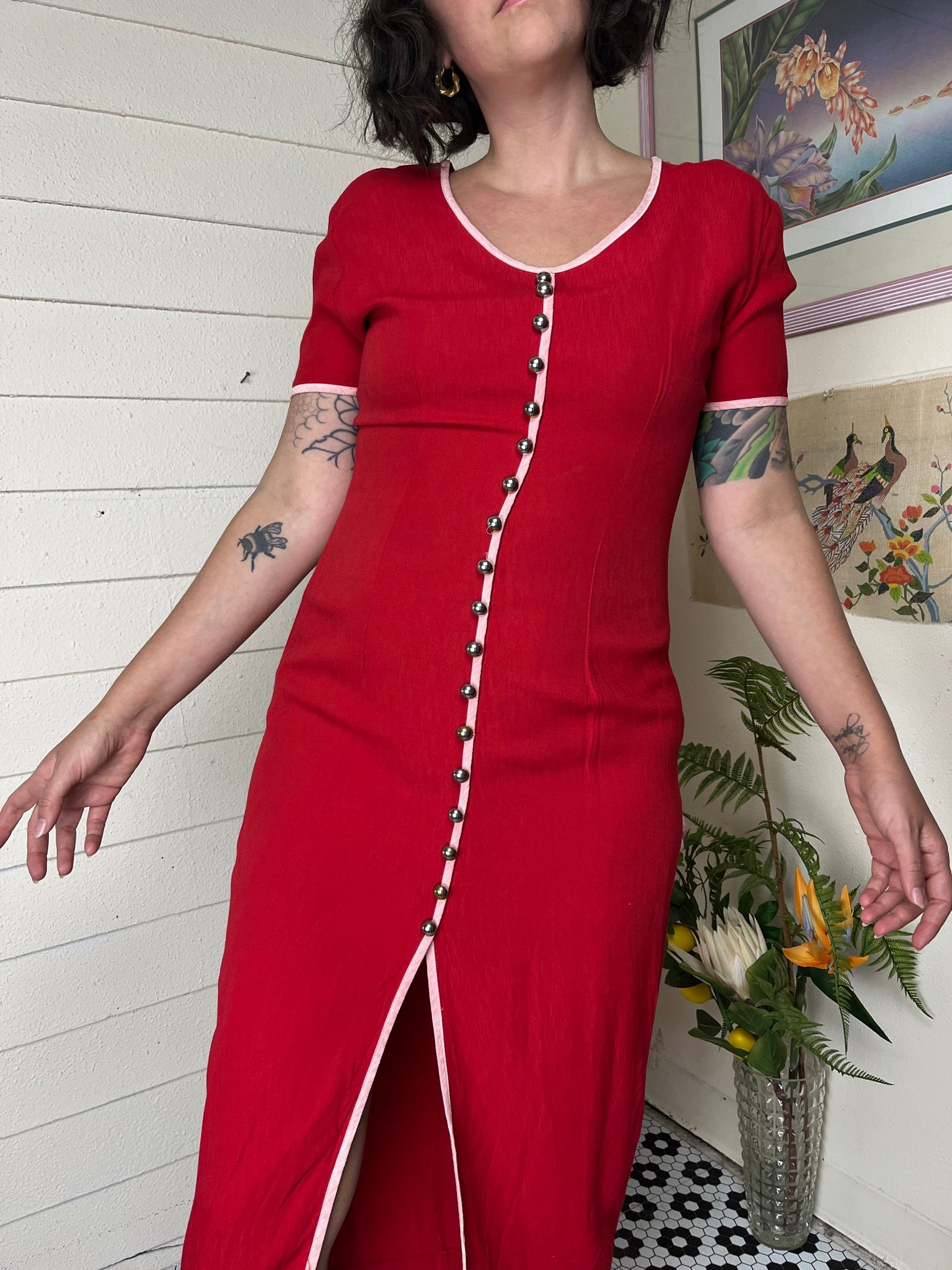 Red buttons-detailed dress
