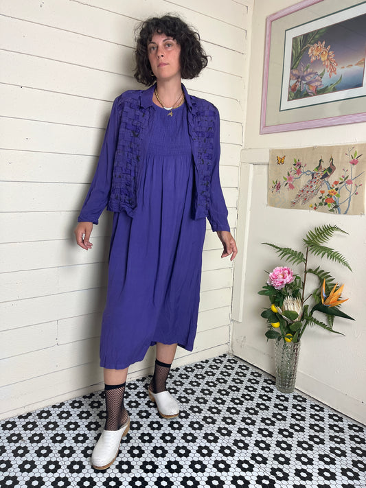 80s PURPLE DRESS AND QUILTED JACKET SET