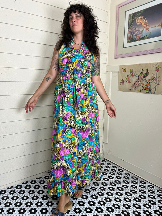 60s PSYCHEDELIC BARKCLOTH HALTER WRAP DRESS (xs-large)