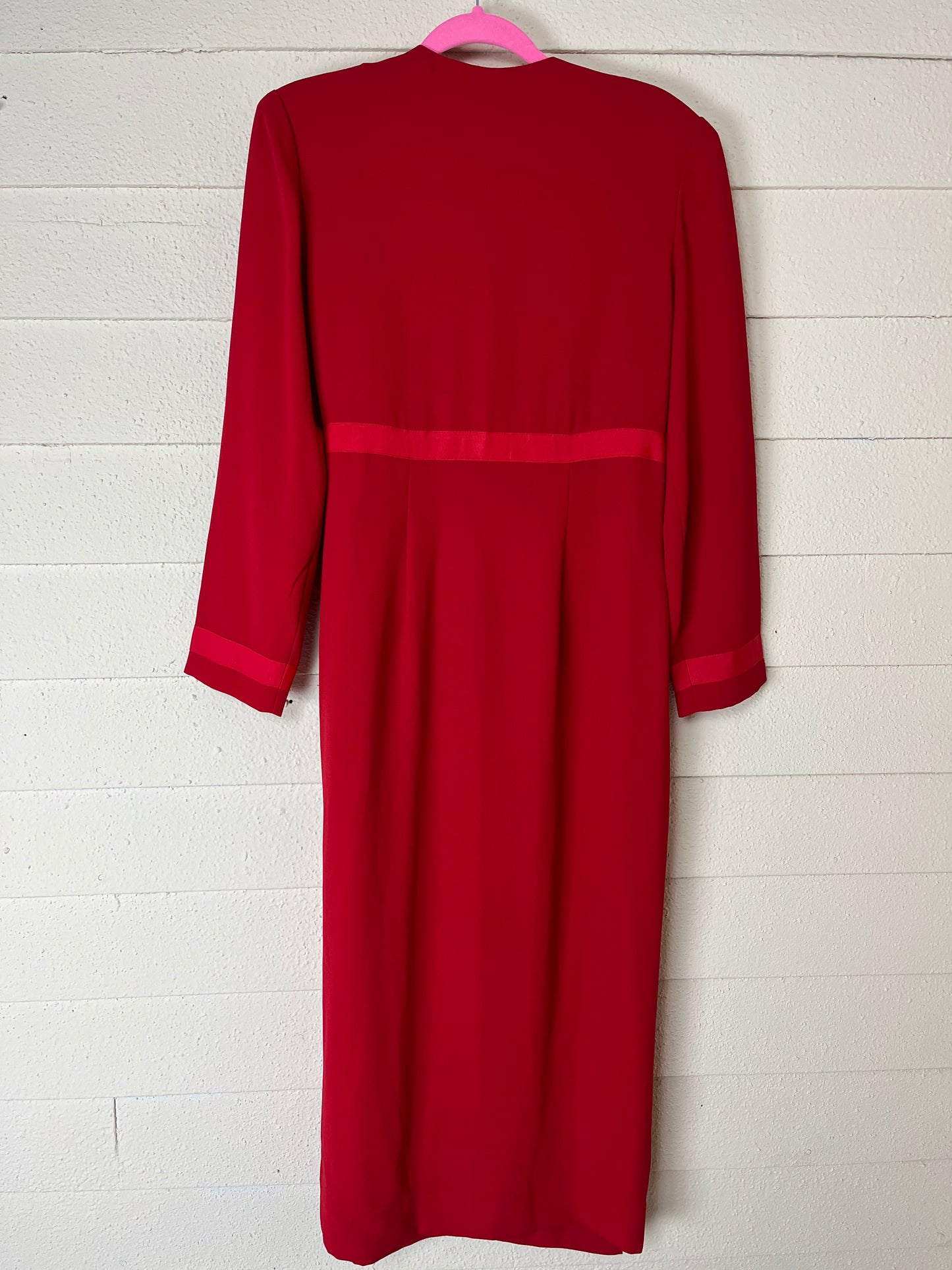 1980s DW3 RED LONG SLEEVE WRAP MAXI DRESS WITH SIDE BOW - med to xl