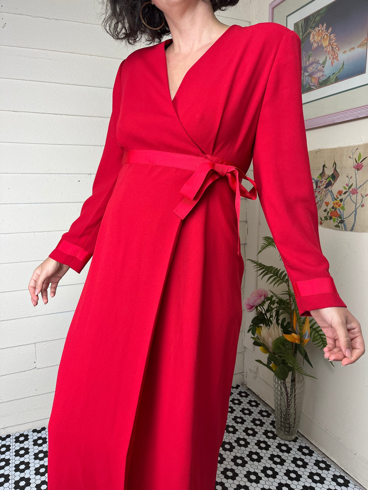 1980s DW3 RED LONG SLEEVE WRAP MAXI DRESS WITH SIDE BOW - med to xl