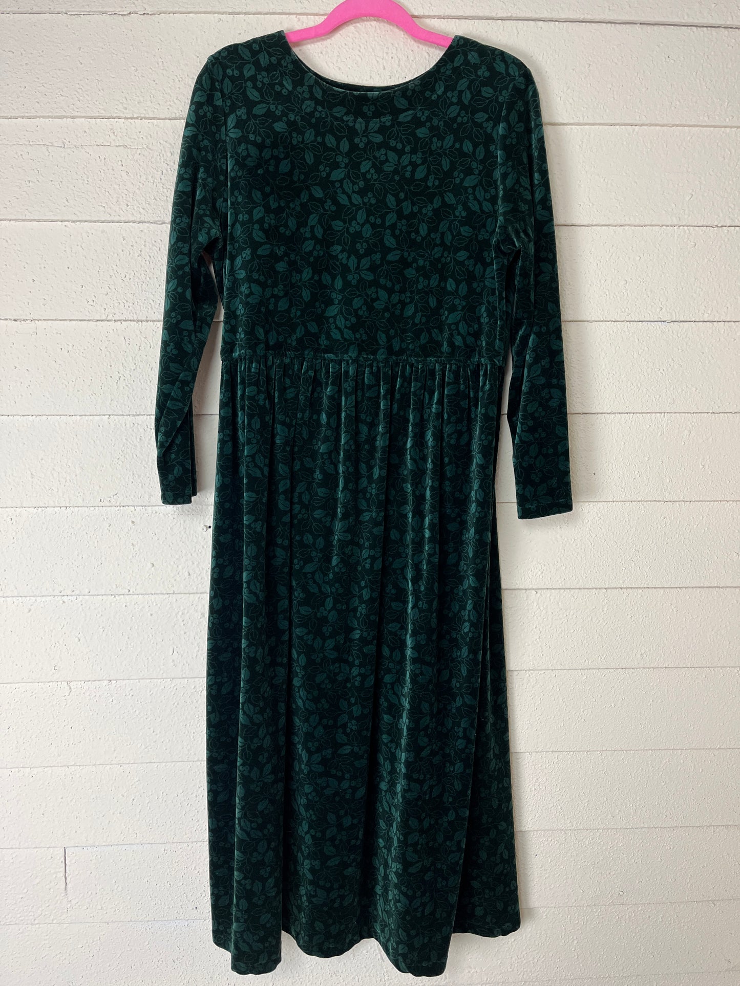 1990s LL BEAN HUNTER GREEN VELVET LONG SLEEVE MAXI DRESS WITH HOLLY PATTERN - size med to large