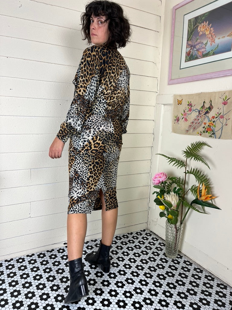 80s NICOLE PATCHWORK MIXED ANIMAL PRINT BUTTON UP AND SKIRT SET