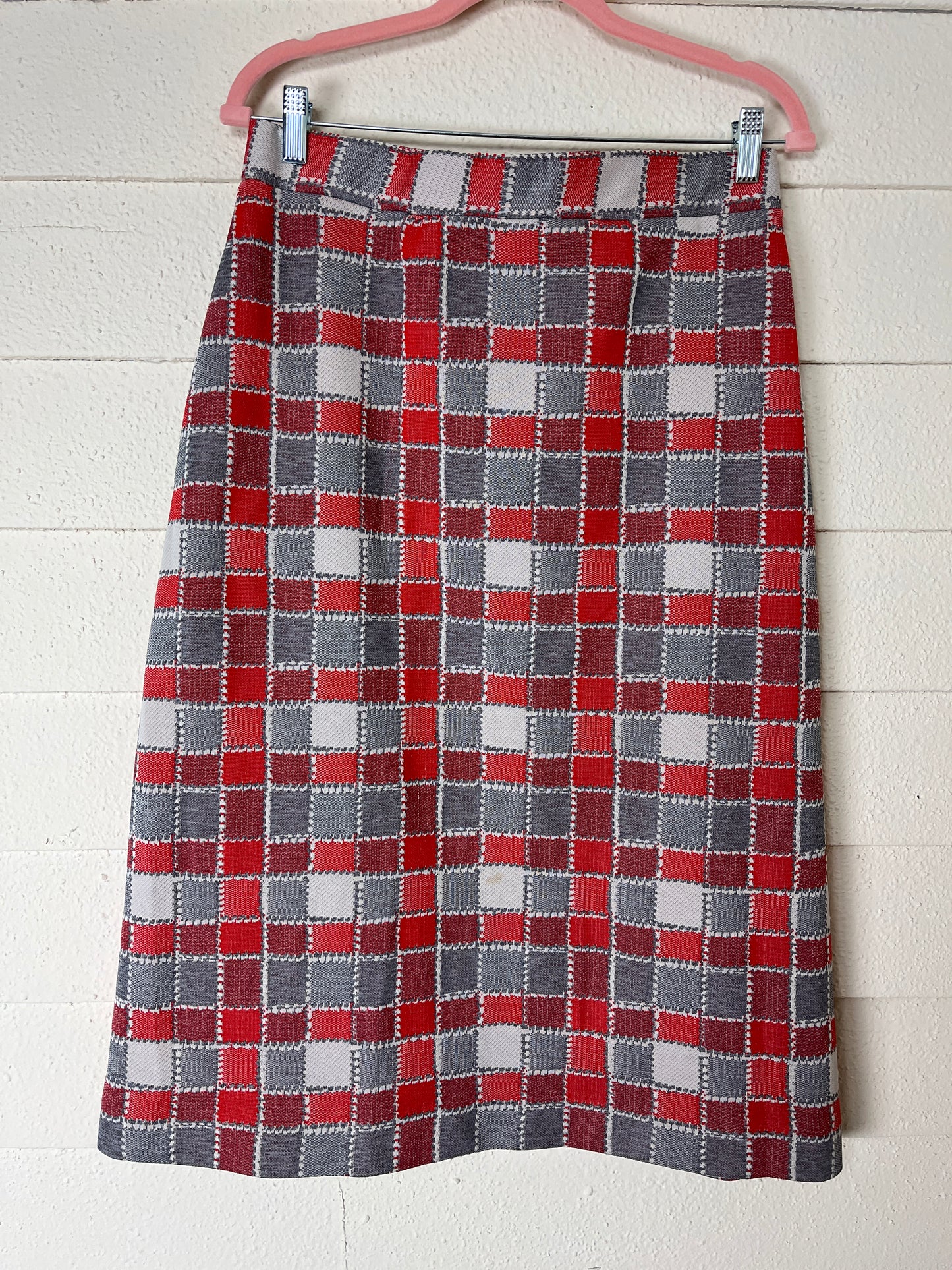 1970s GRAFF RED AND GRAY PLAID CHORE COAT AND ELASTIC WAIST SKIRT SET - size med to large