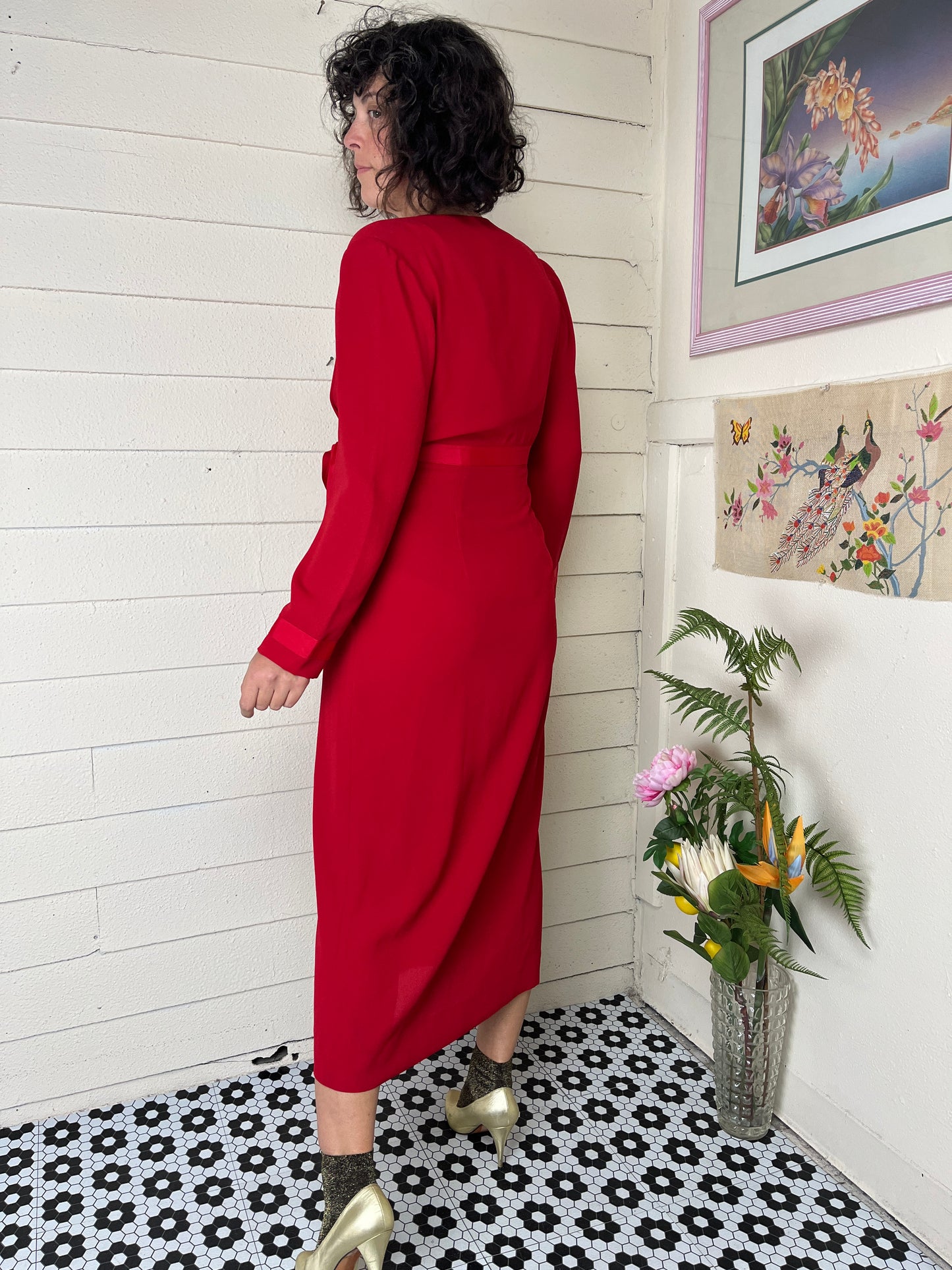 1980s DW3 RED LONG SLEEVE WRAP MAXI DRESS WITH SIDE BOW - med to xl